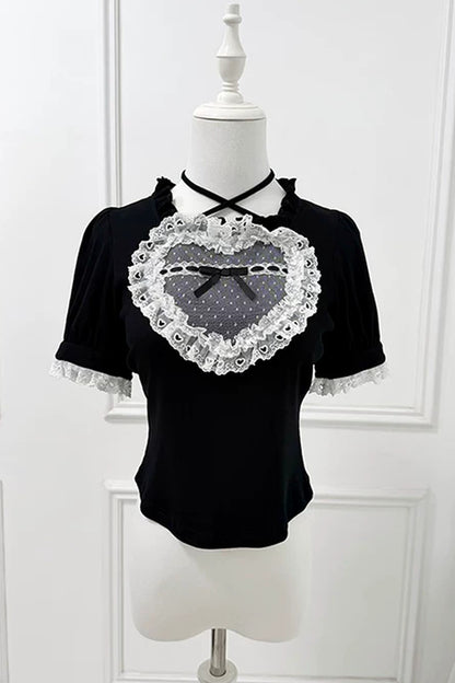 Haut en maille à dentelle, cœur et nœud