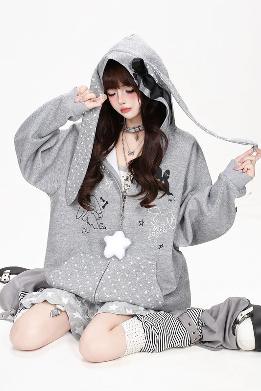 Polka Dot Rabbit Ears Hooded Jacket