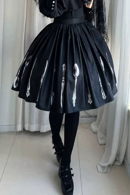Silver Tableware Print Half-Length Skirt