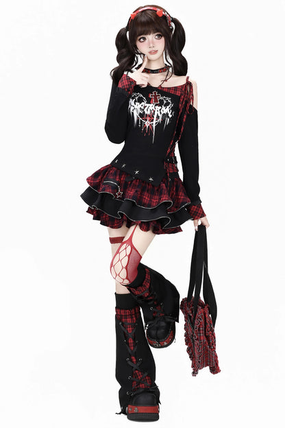 Asymmetrical Plaid Tie-Up Long Sleeve T-Shirt Set-Up