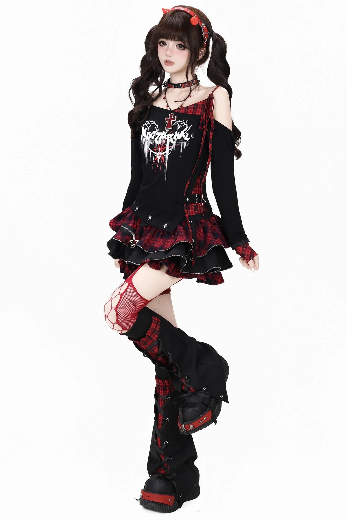 Asymmetrical Plaid Tie-Up Long Sleeve T-Shirt Set-Up