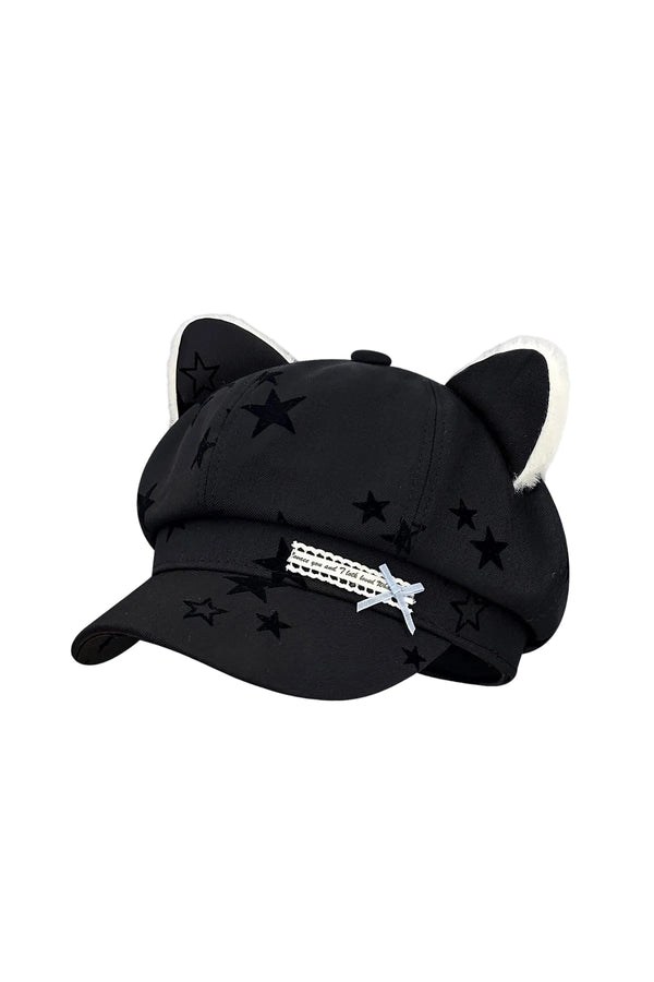 Star Bow Plush Ear Octagonal Newsboy Cap