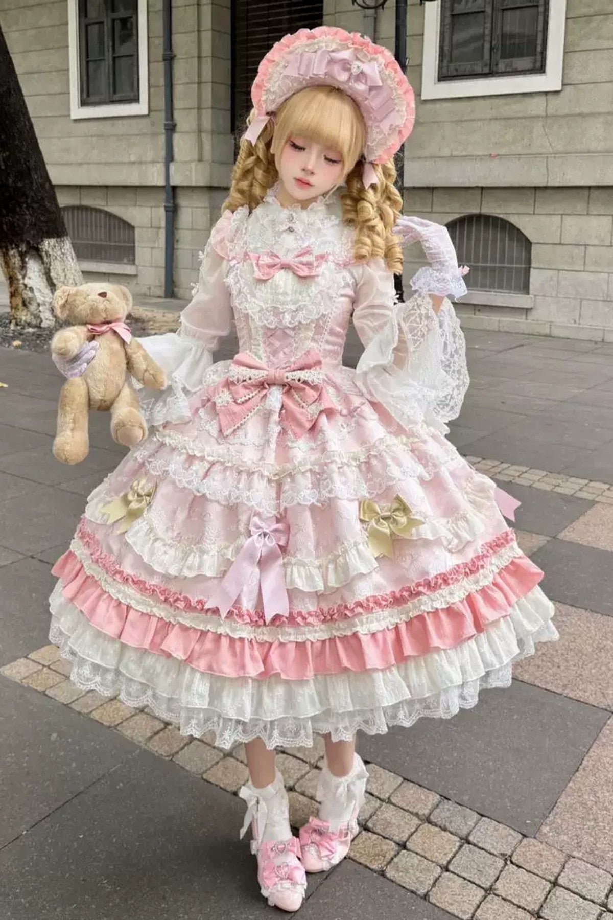 Weißes Tee-Schleifen-Lolita-JSK-Kleid