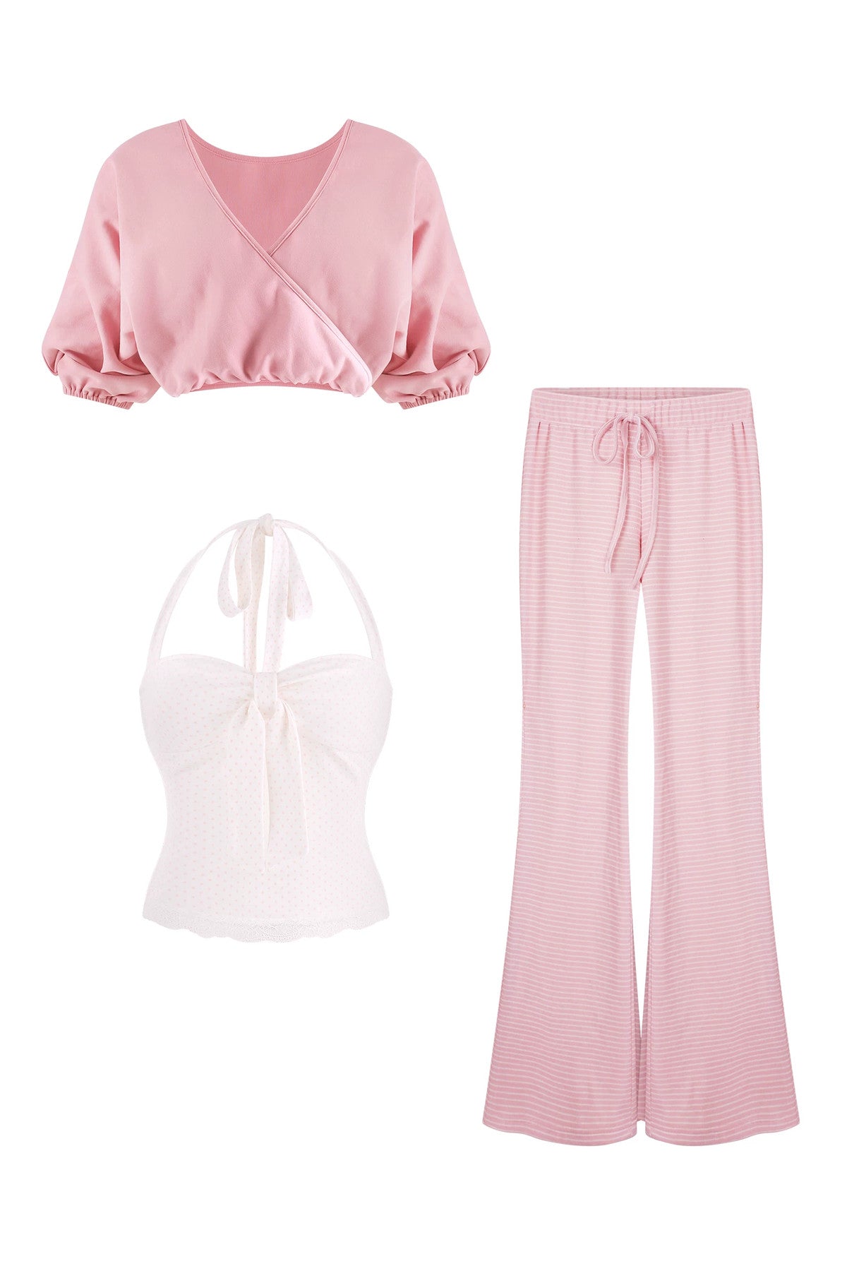 Pink Cardigan White Polka Dot Camisole and Pants 3-Piece Set-Up