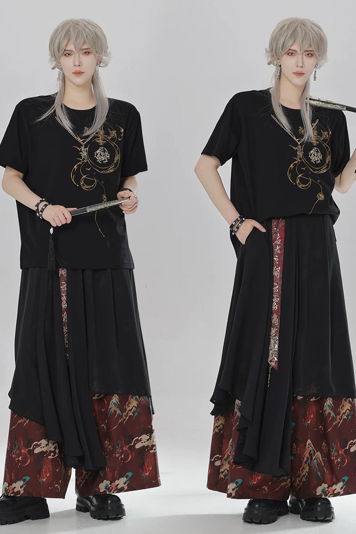 Short-Sleeve Dragon Embroidered T-Shirt and Shorts Set-Up
