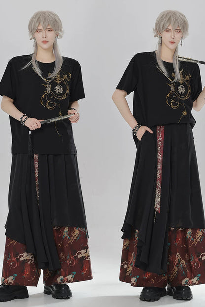 Short-Sleeve Dragon Embroidered T-Shirt and Shorts Set-Up