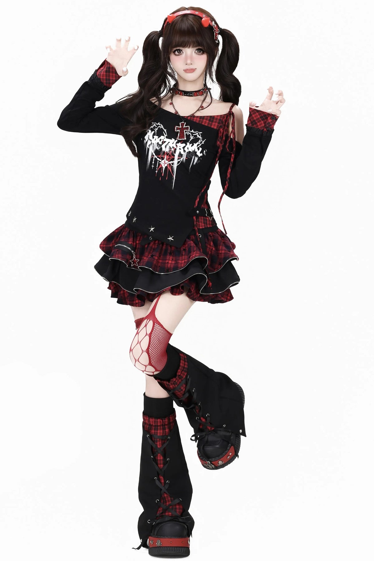 Asymmetrical Plaid Tie-Up Long Sleeve T-Shirt Set-Up