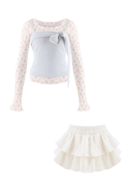 Blue White Floral Top and Off-White Short Skirt Set-Up