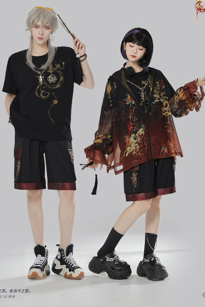 Short-Sleeve Dragon Embroidered T-Shirt and Shorts Set-Up