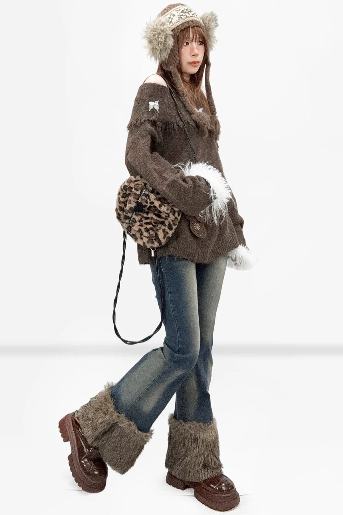 Brown Off-Shoulder Fur Collar Sweater