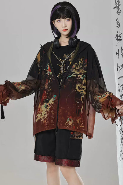 Short-Sleeve Dragon Embroidered T-Shirt and Shorts Set-Up