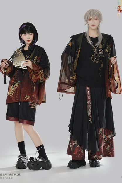 Short-Sleeve Dragon Embroidered T-Shirt and Shorts Set-Up