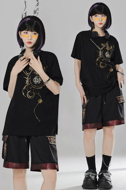 Short-Sleeve Dragon Embroidered T-Shirt and Shorts Set-Up