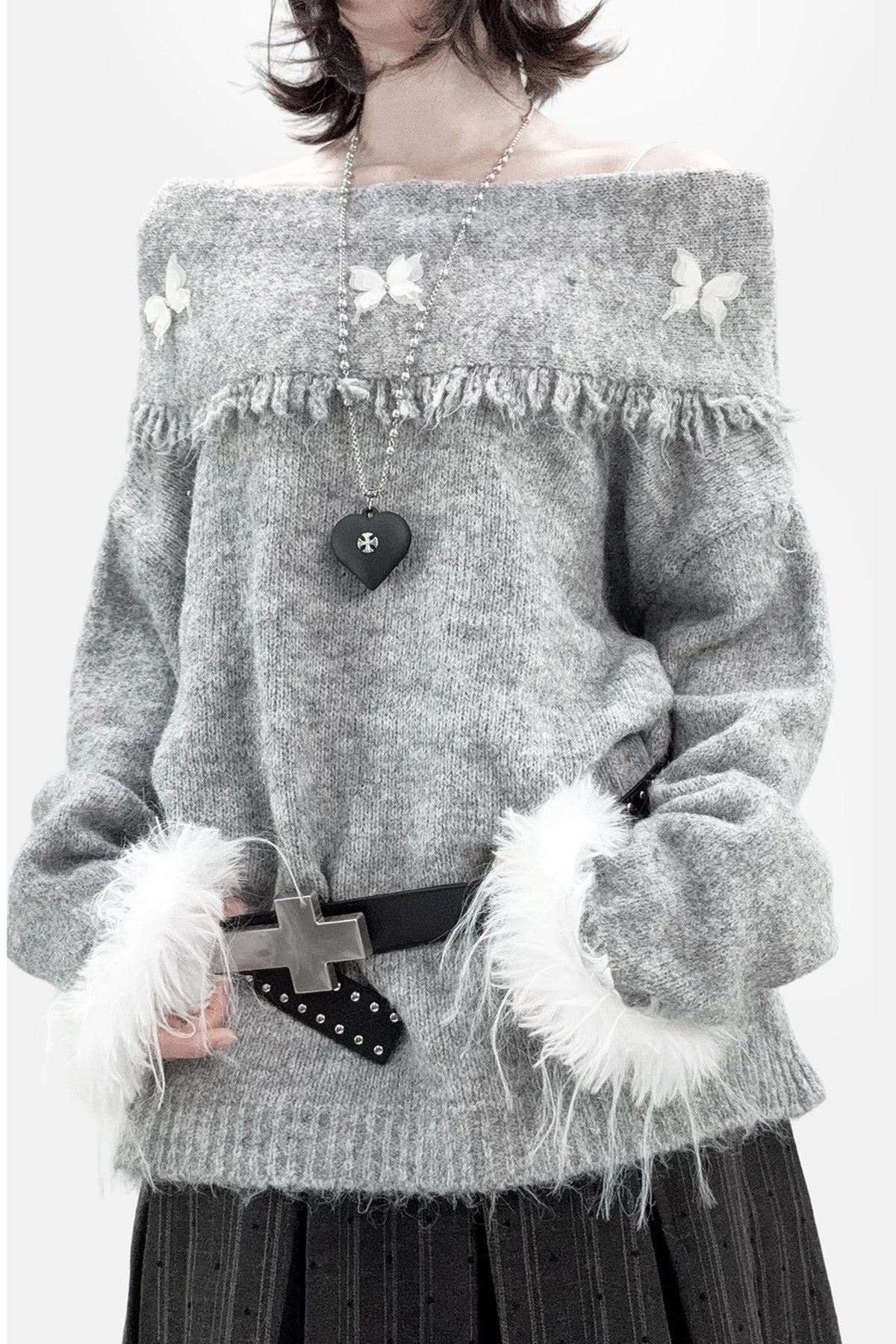 Gray Off-Shoulder Bow Sweater