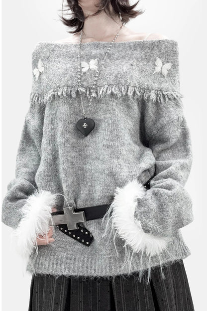 Gray Off-Shoulder Bow Sweater