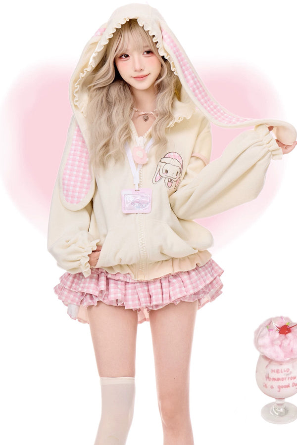 Rabbit Ear Jacket and Pink Plaid Cake Skirt Set-Up