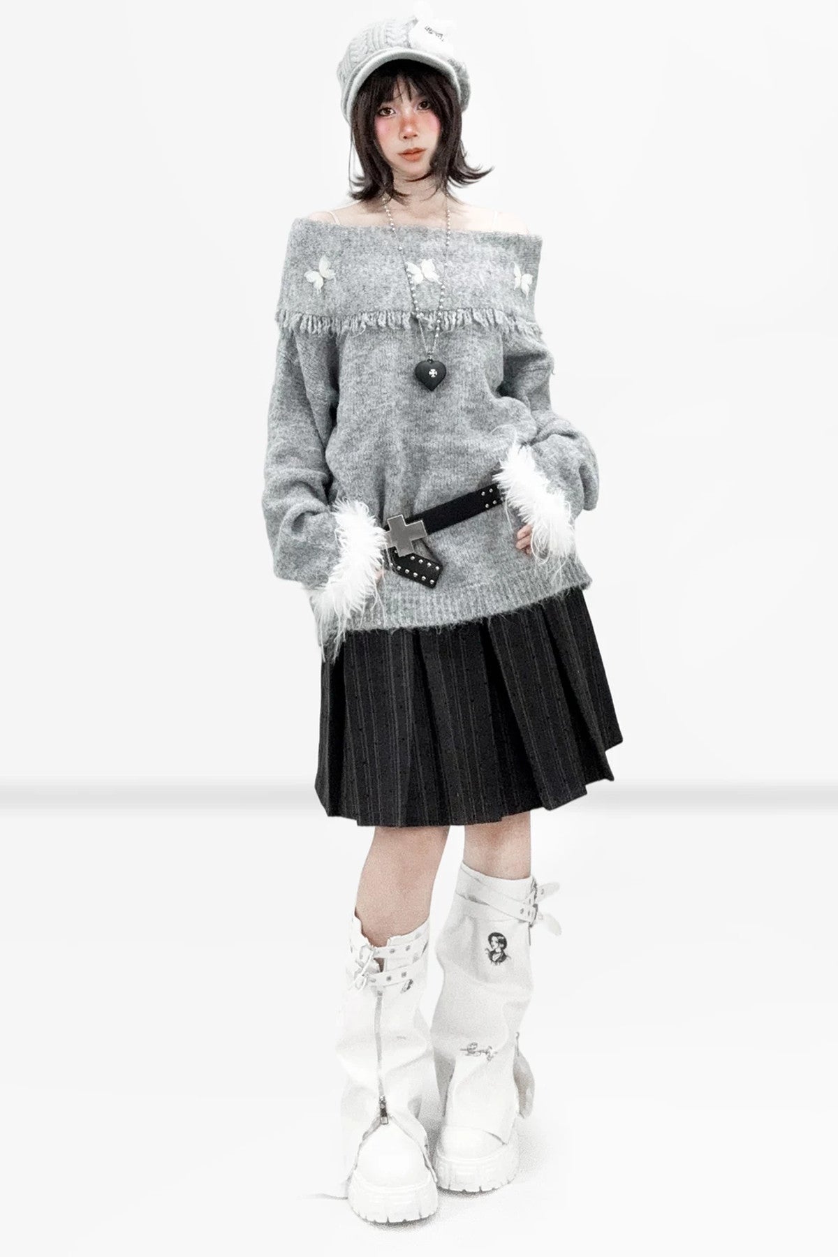Gray Off-Shoulder Bow Sweater