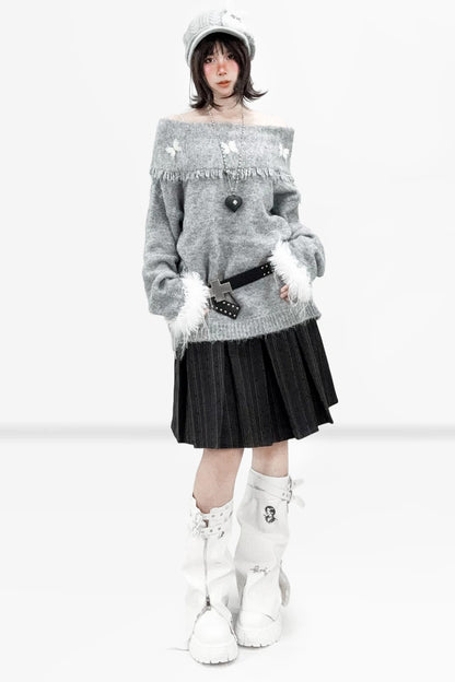 Gray Off-Shoulder Bow Sweater