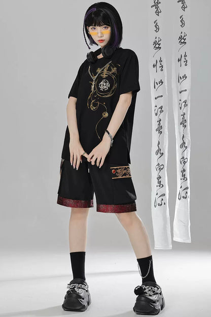 Short-Sleeve Dragon Embroidered T-Shirt and Shorts Set-Up