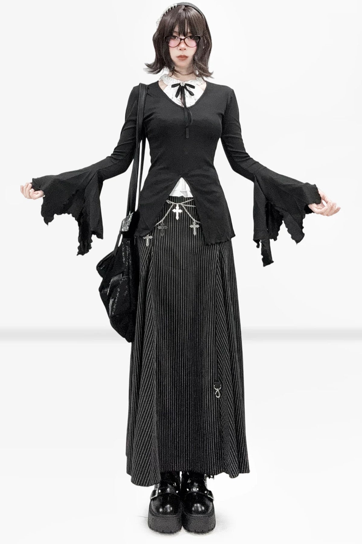 Gothic Bell Sleeve V-Neck Top Set