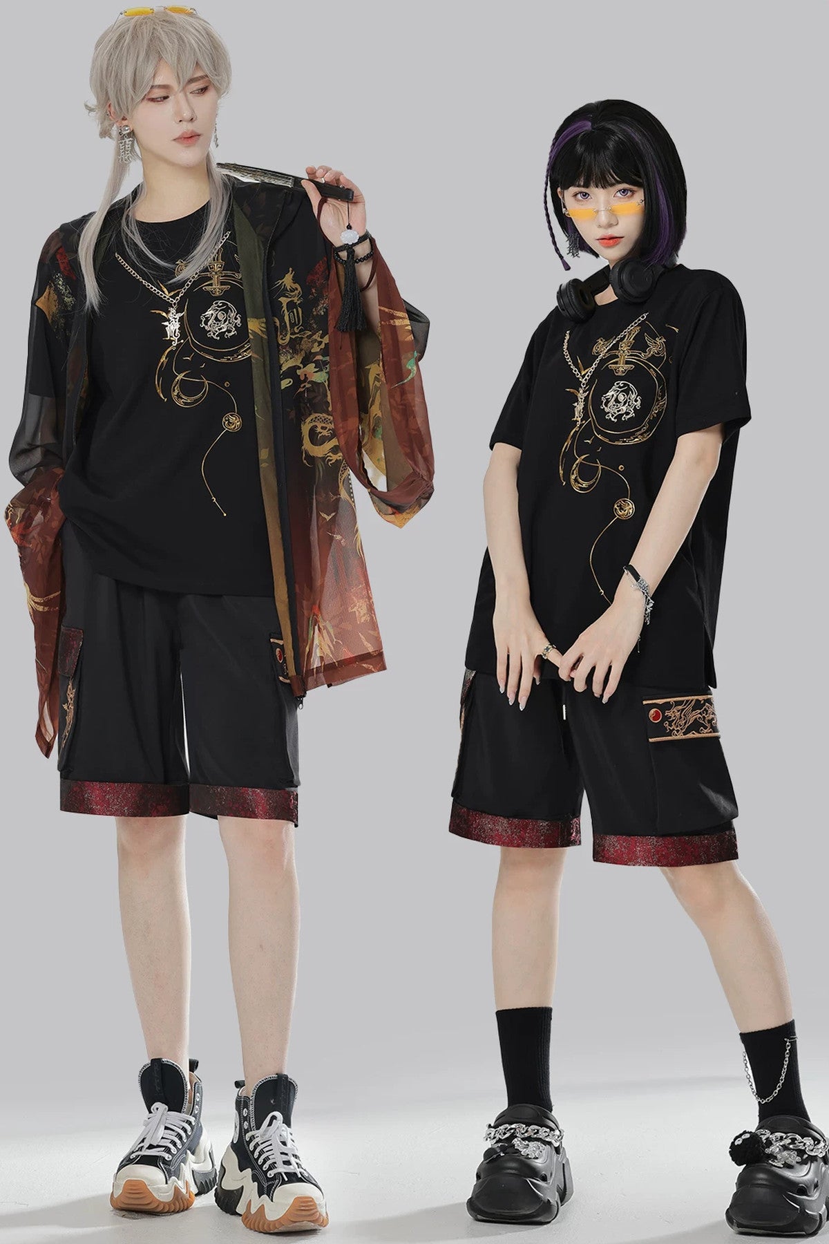 Short-Sleeve Dragon Embroidered T-Shirt and Shorts Set-Up