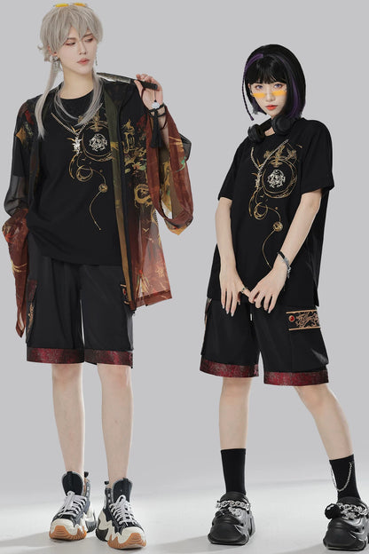Short-Sleeve Dragon Embroidered T-Shirt and Shorts Set-Up