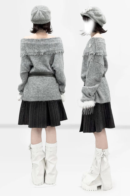 Gray Off-Shoulder Bow Sweater