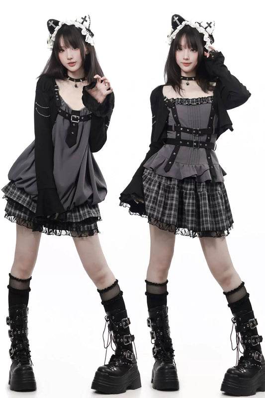 Plaid Bud Sleeveless Top and Skirt Set-Up