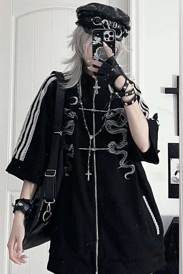 Double Snake Embroidery Zipper Tang Suit Blouse Set-Up