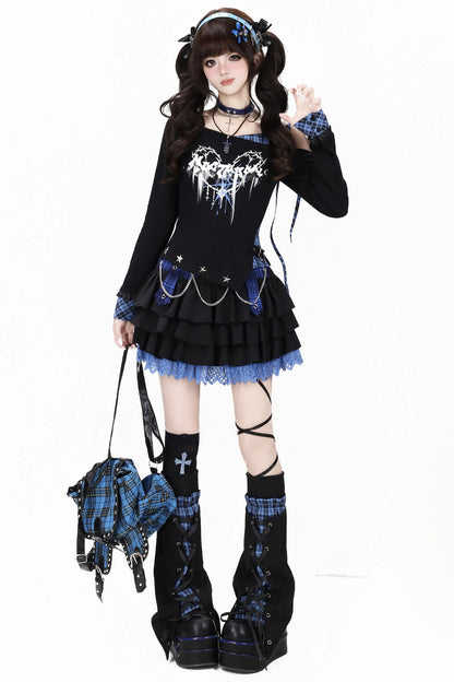 Asymmetrical Plaid Tie-Up Long Sleeve T-Shirt Set-Up