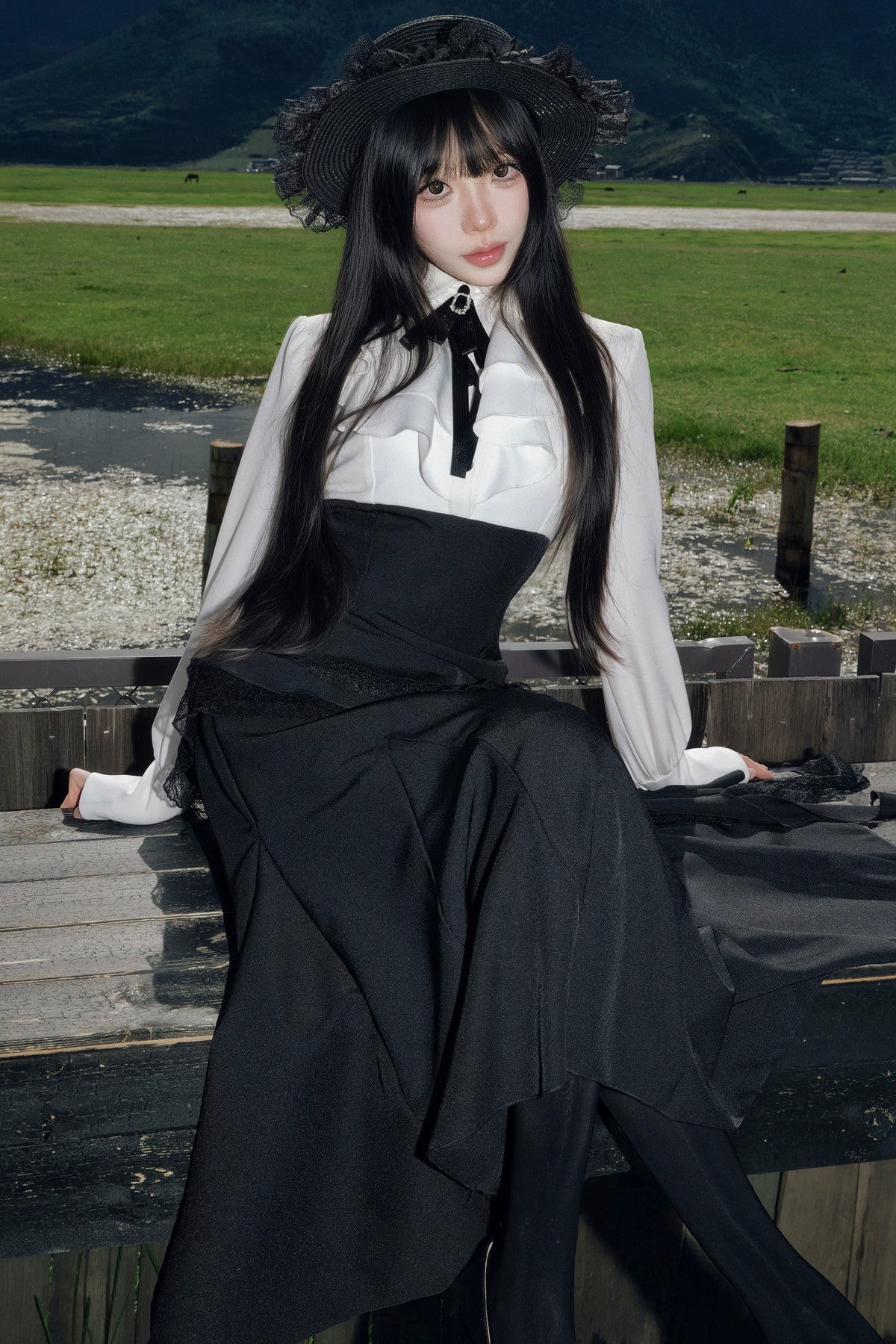 Black Cape Fishtail Long Dress