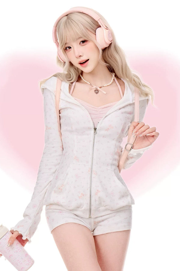 White Floral Jacket Pink Camisole and Pants 3-Piece Set-Up