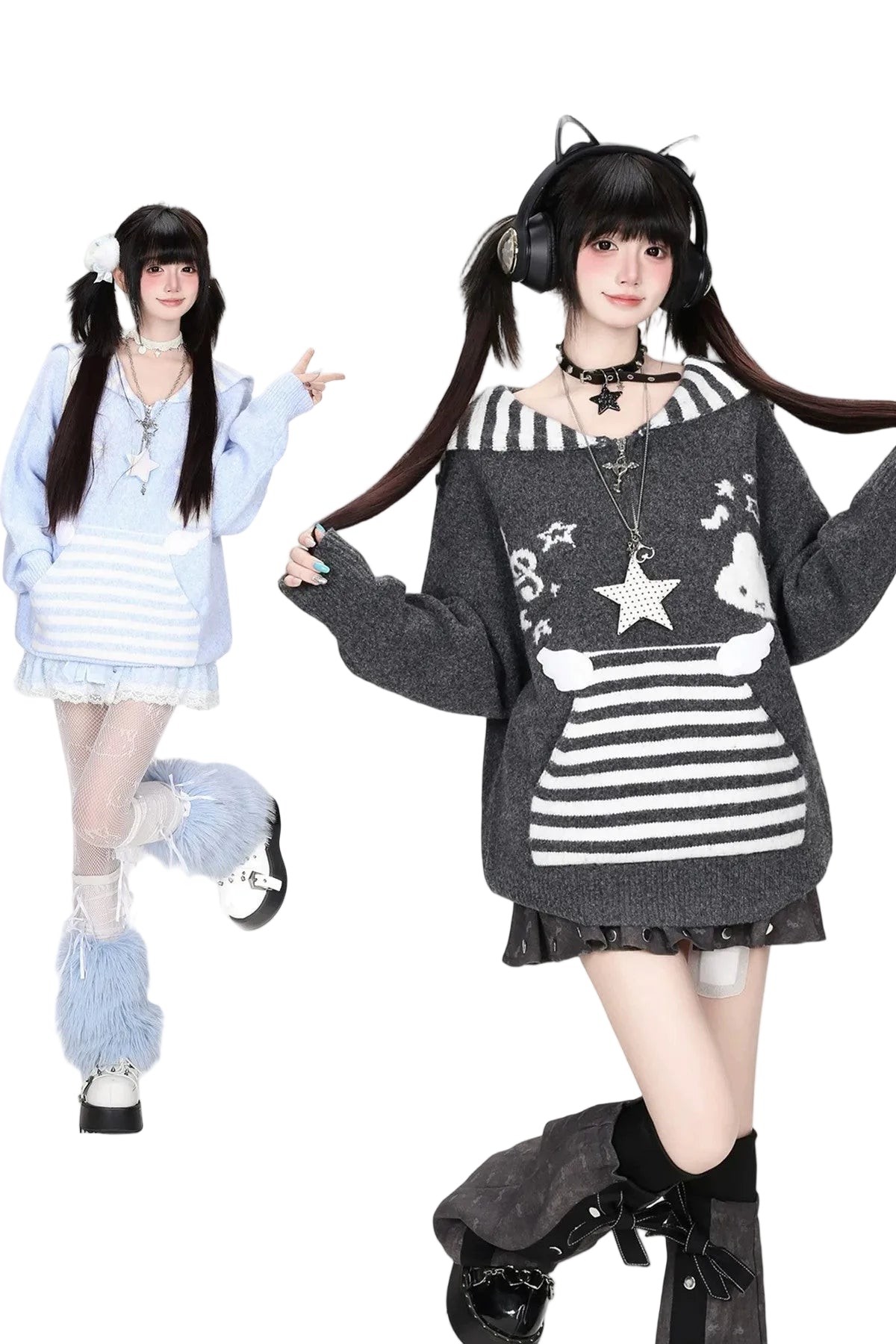 Striped Sailor Collar Bunny Sweater