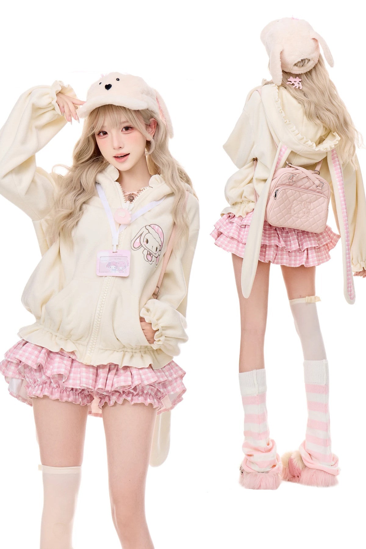 Rabbit Ear Jacket and Pink Plaid Cake Skirt Set-Up