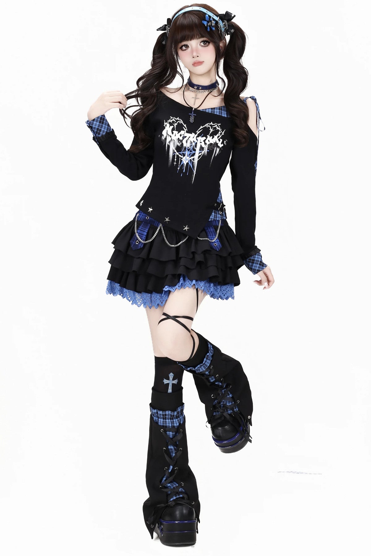 Asymmetrical Plaid Tie-Up Long Sleeve T-Shirt Set-Up