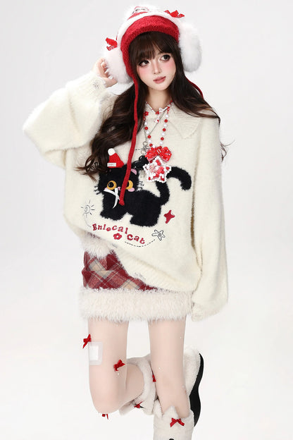 Black Cat Bow Knit Sweater
