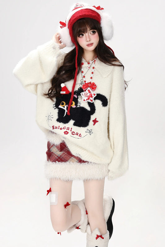Black Cat Bow Knit Sweater