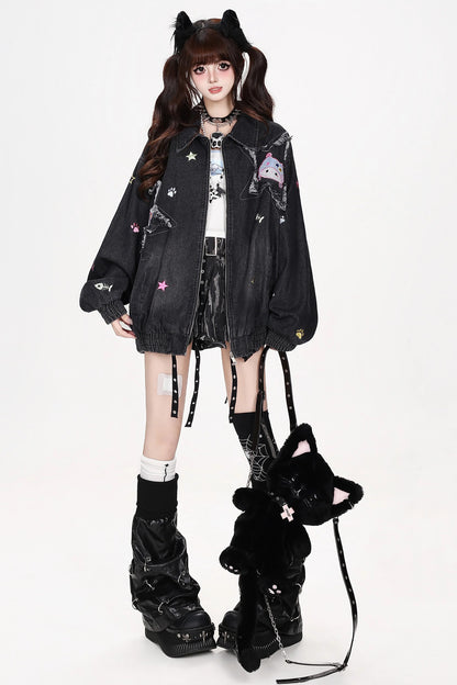 Jeansjacke mit Cartoon-Katzen-Patch