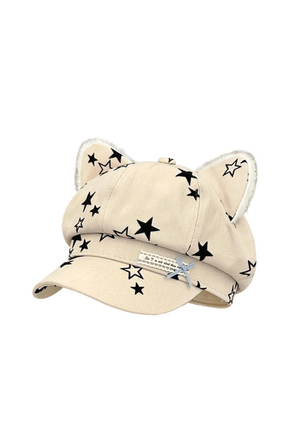 Star Bow Plush Ear Octagonal Newsboy Cap