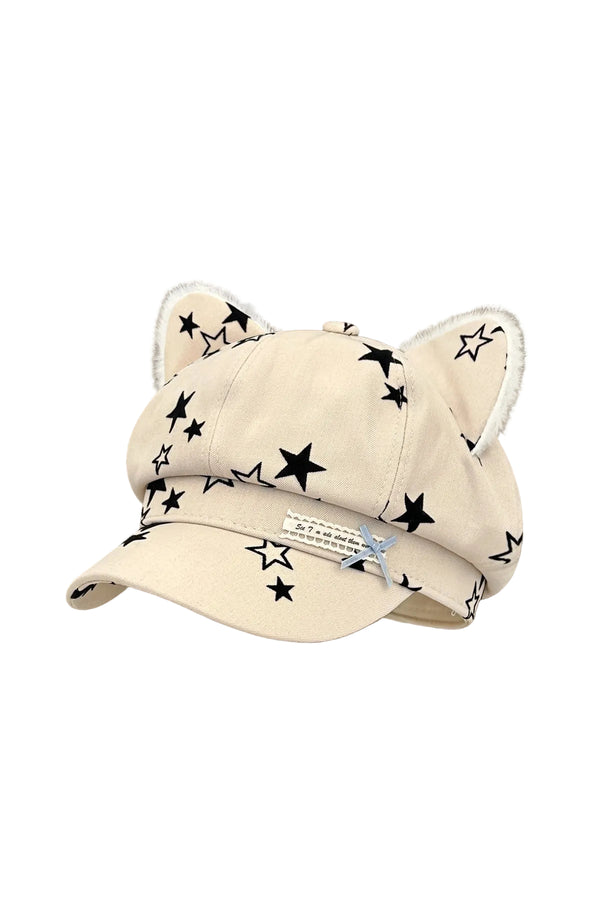 Star Bow Plush Ear Octagonal Newsboy Cap