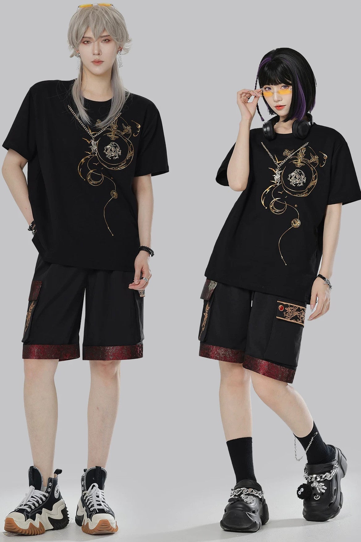Short-Sleeve Dragon Embroidered T-Shirt and Shorts Set-Up