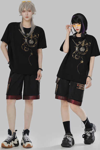 Short-Sleeve Dragon Embroidered T-Shirt and Shorts Set-Up