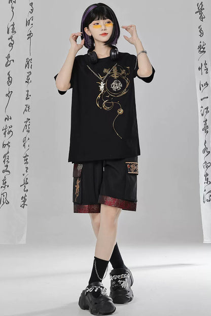 Short-Sleeve Dragon Embroidered T-Shirt and Shorts Set-Up