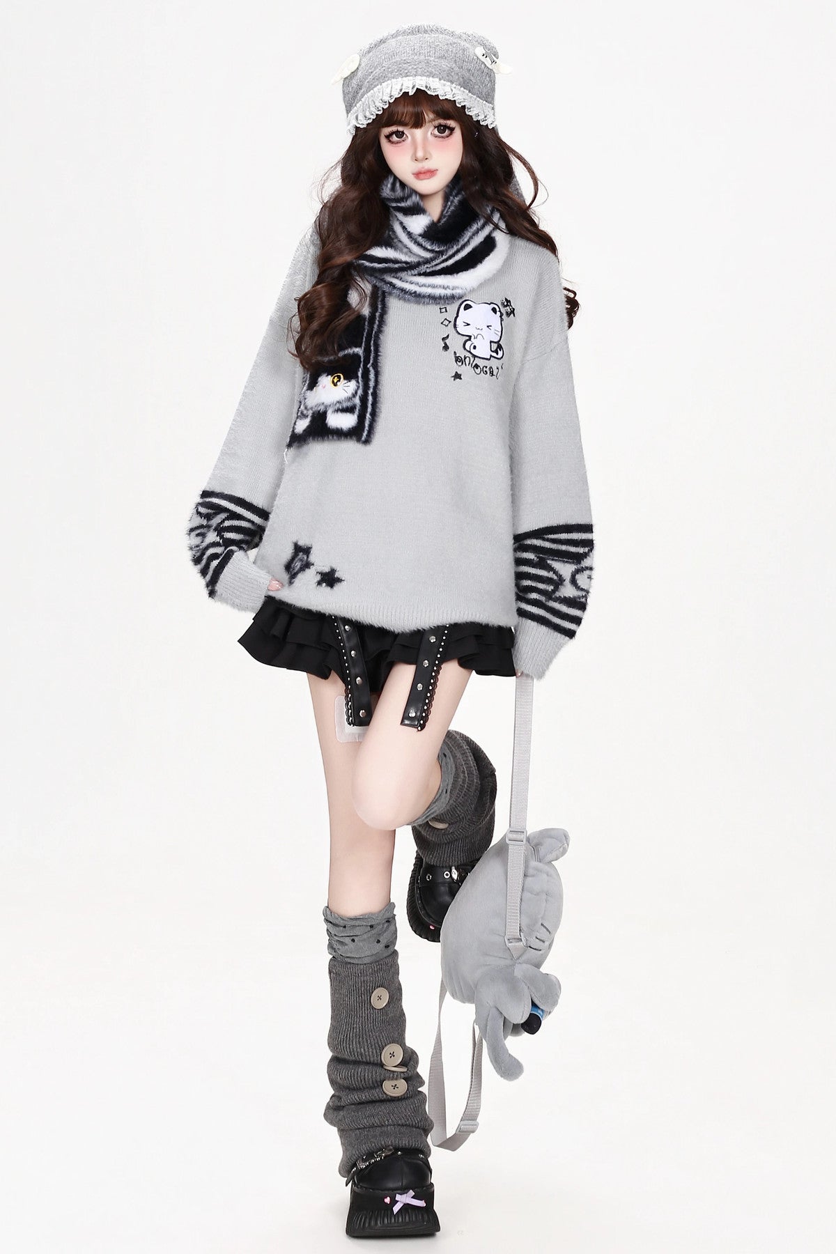 Cat Striped Knit Pullover Sweater