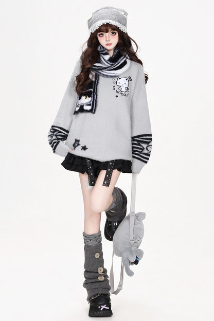 Cat Striped Knit Pullover Sweater