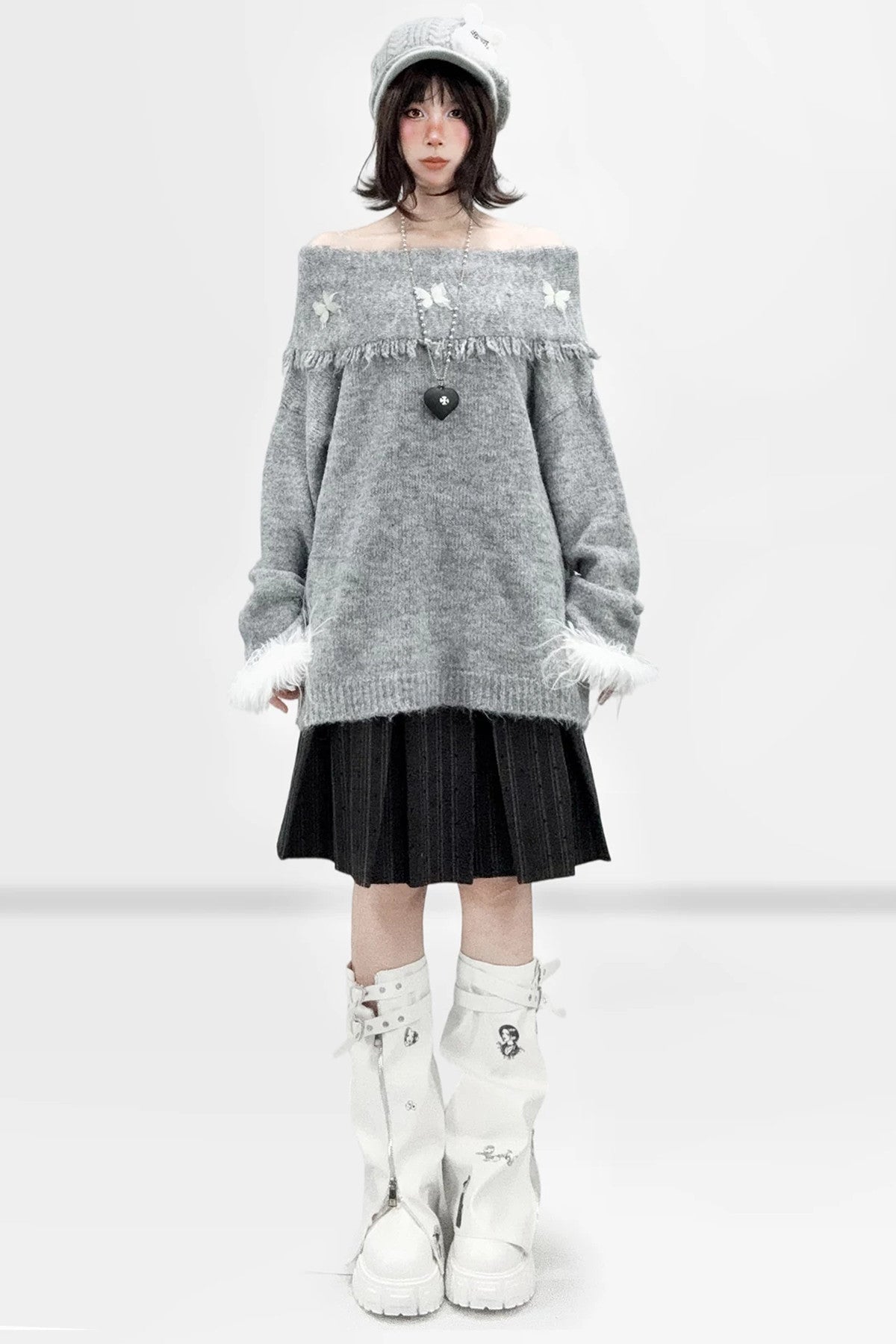 Gray Off-Shoulder Bow Sweater