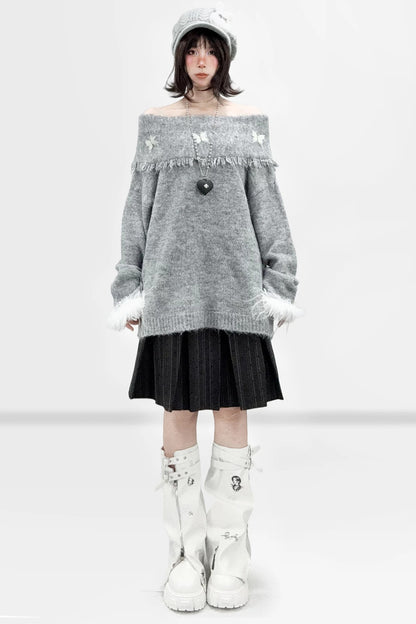 Gray Off-Shoulder Bow Sweater