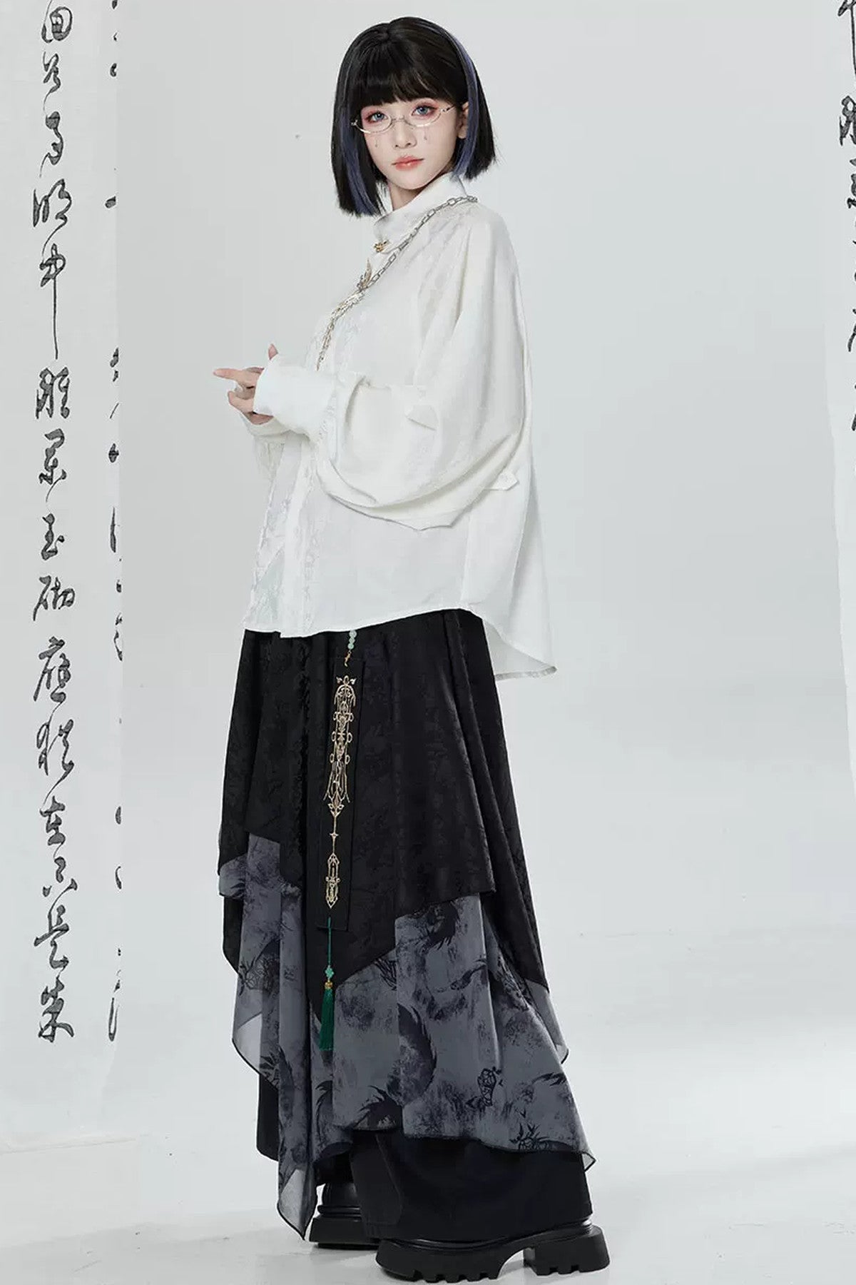 Black White Embroidered Shirt Pants Set-Up