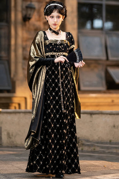 Black Gold Beaded Empire Dress