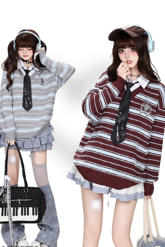 Striped V-Neck Pullover Sweater